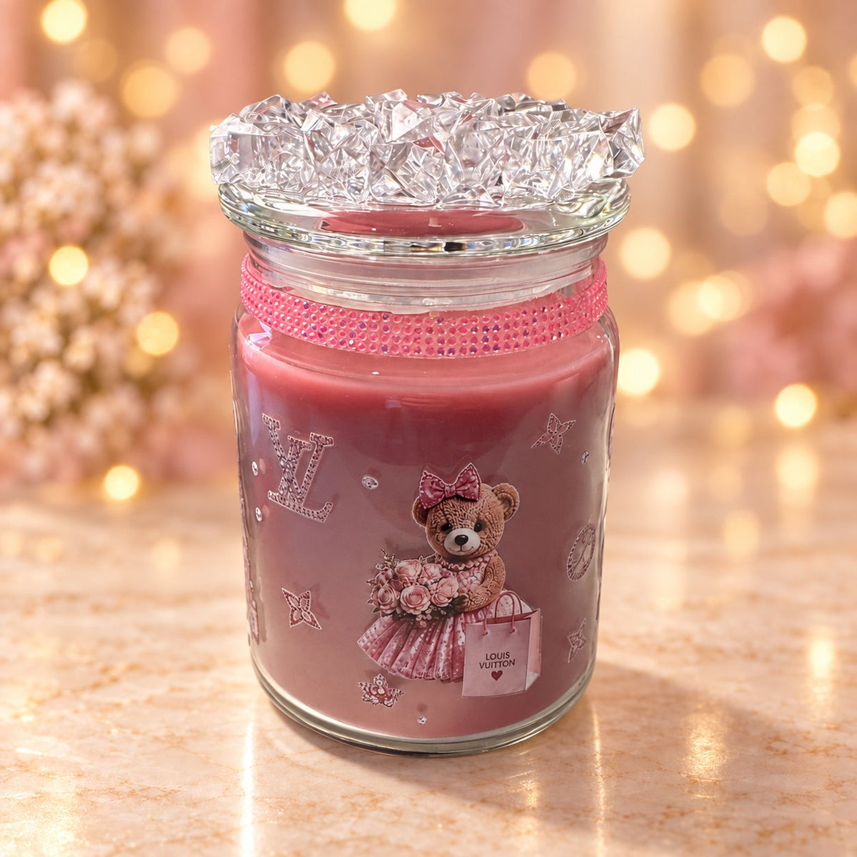 Pink Teddy Jewel Candle — matching studio backdrop