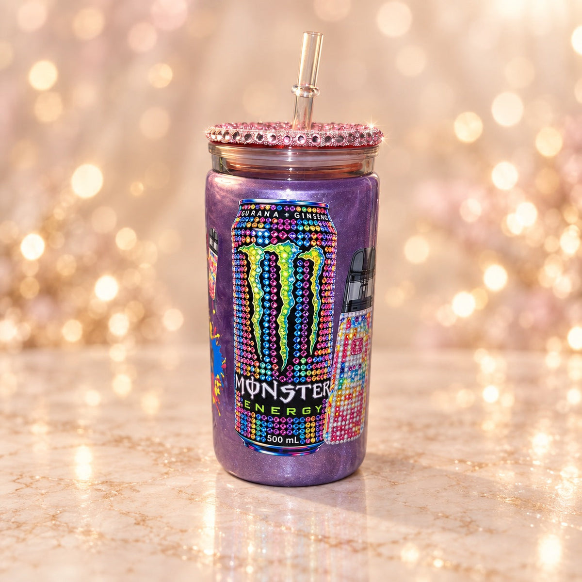 Purple Energy Sparkle Cup — Pink Lid — studio product photograph
