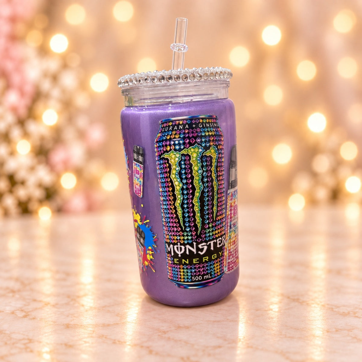 Purple Energy Sparkle Cup — Silver Lid — studio product photograph