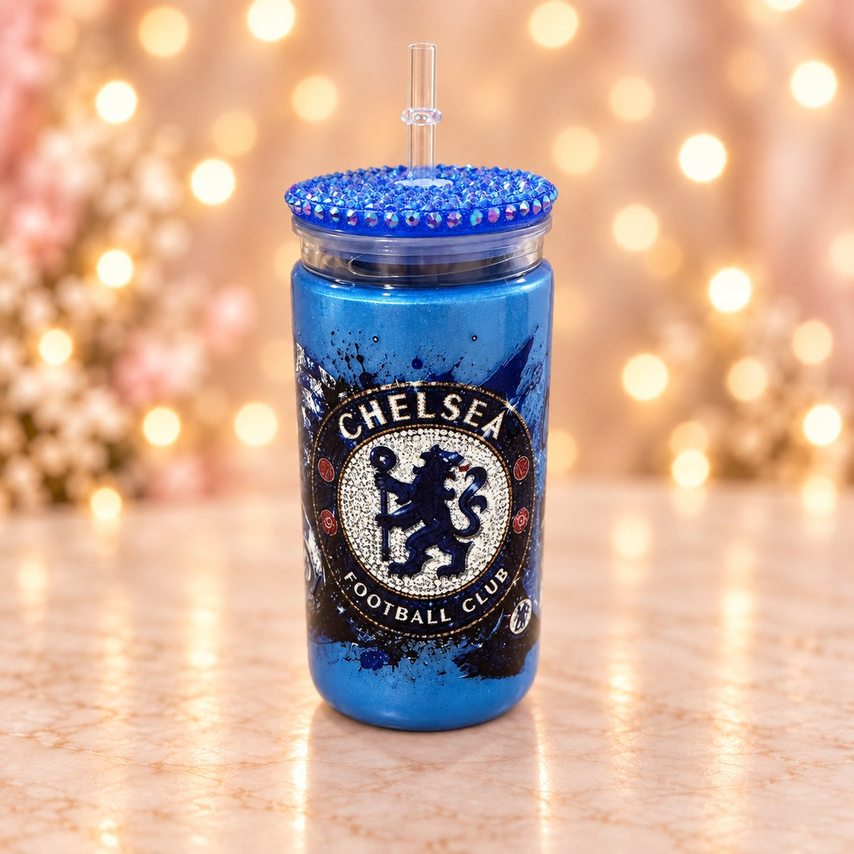 Blue Football Crest Cup — studio product photograph