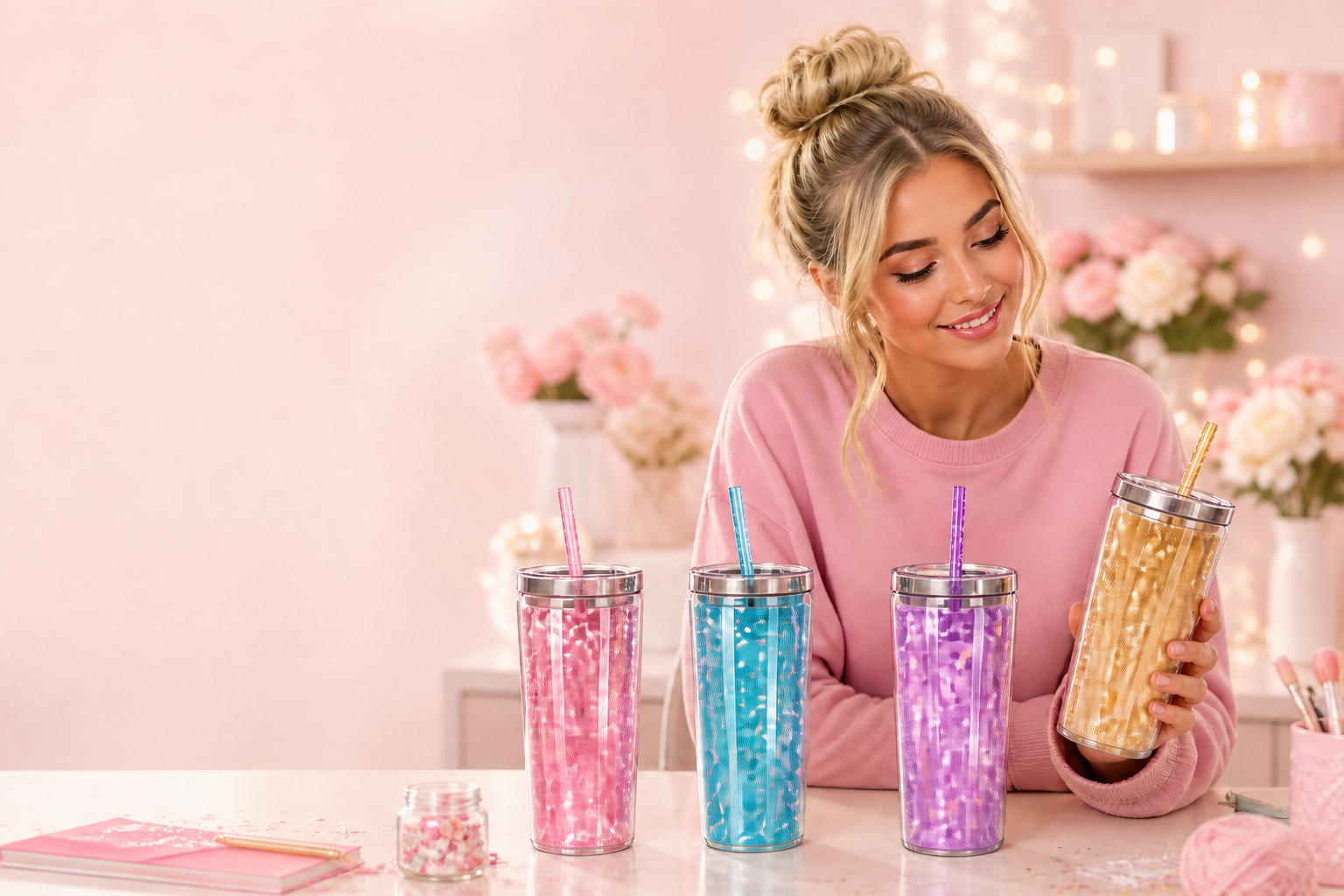 A maker presenting colourful glitter tumblers