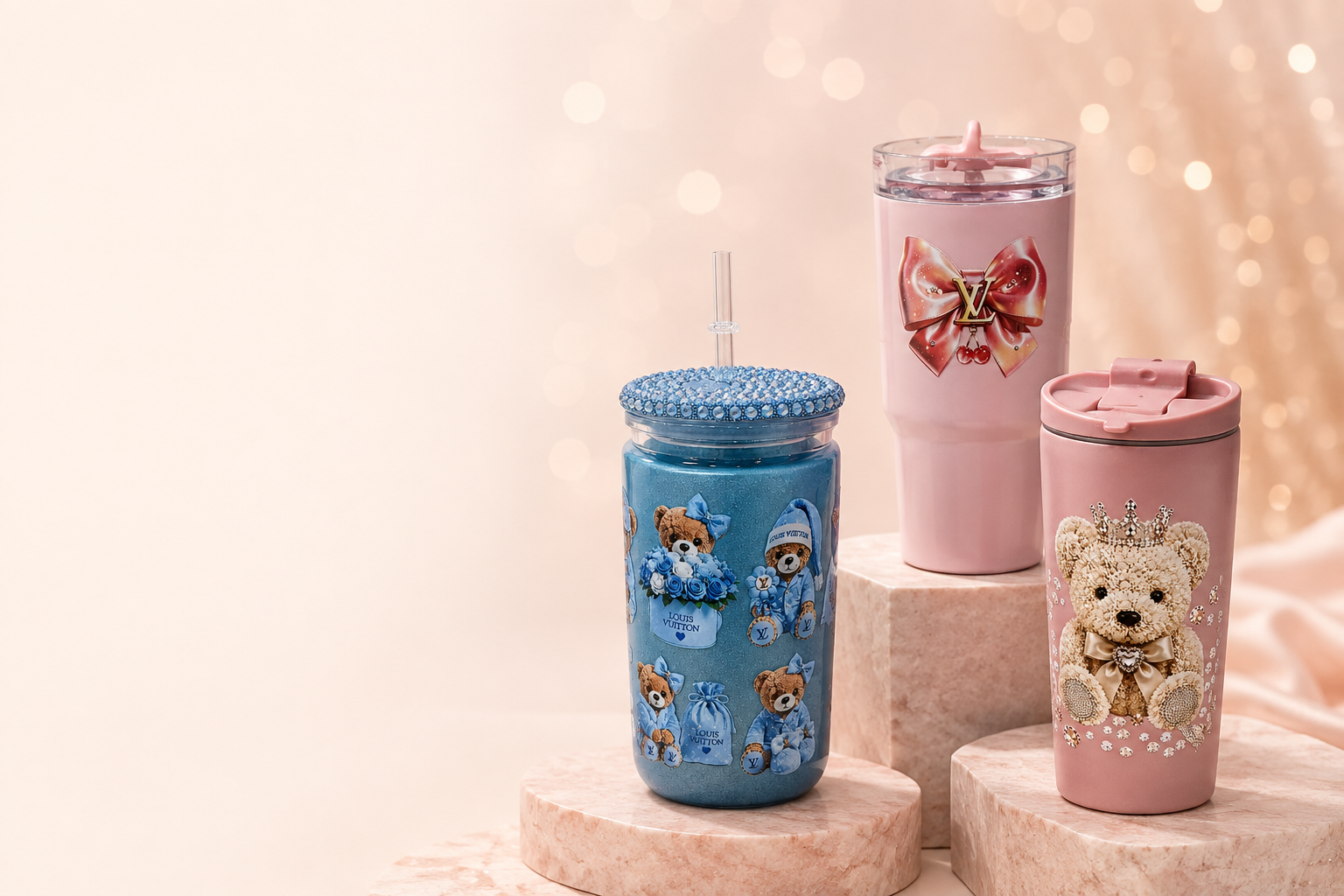 Cat’s Cups blue sparkle teddy, blush cherry bow and crowned teddy designs on blush display plinths