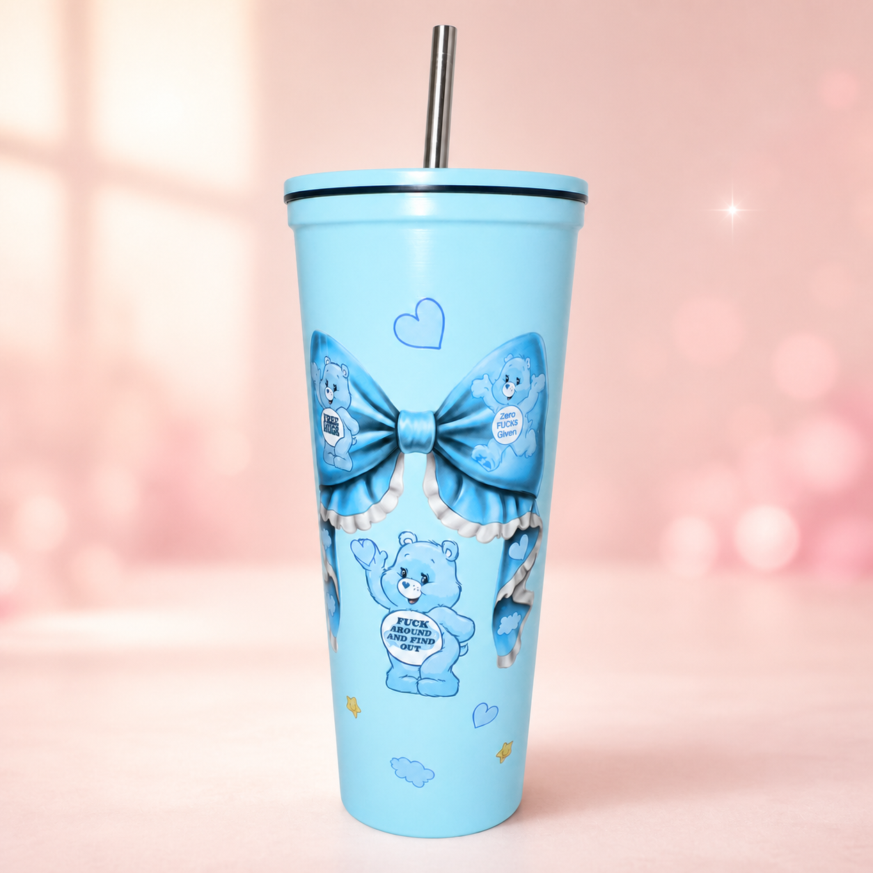 Turquoise tumbler with blue bow, expressive bear artwork and metal straw
