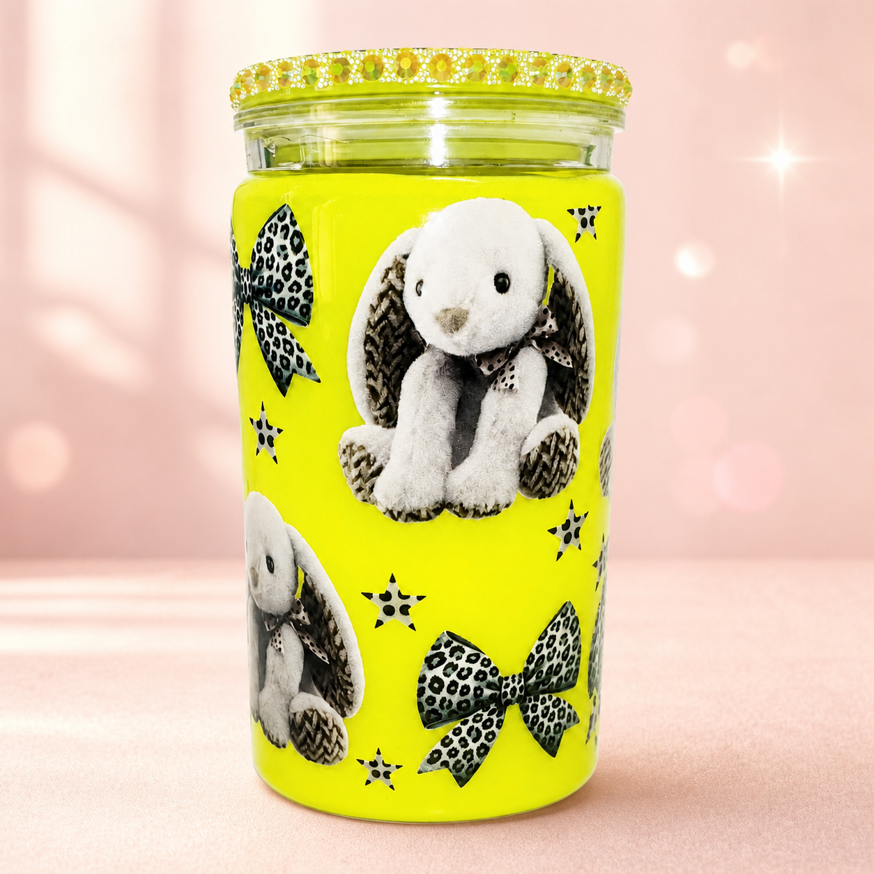 Neon yellow bunny and bow decorated cup
