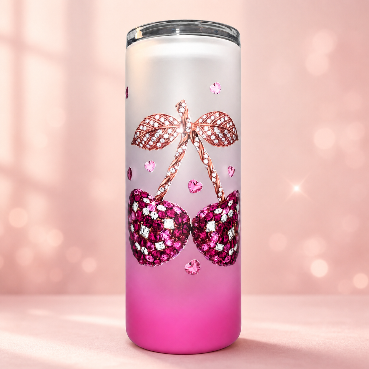 Pink ombre tumbler with jewelled cherry and heart decorations