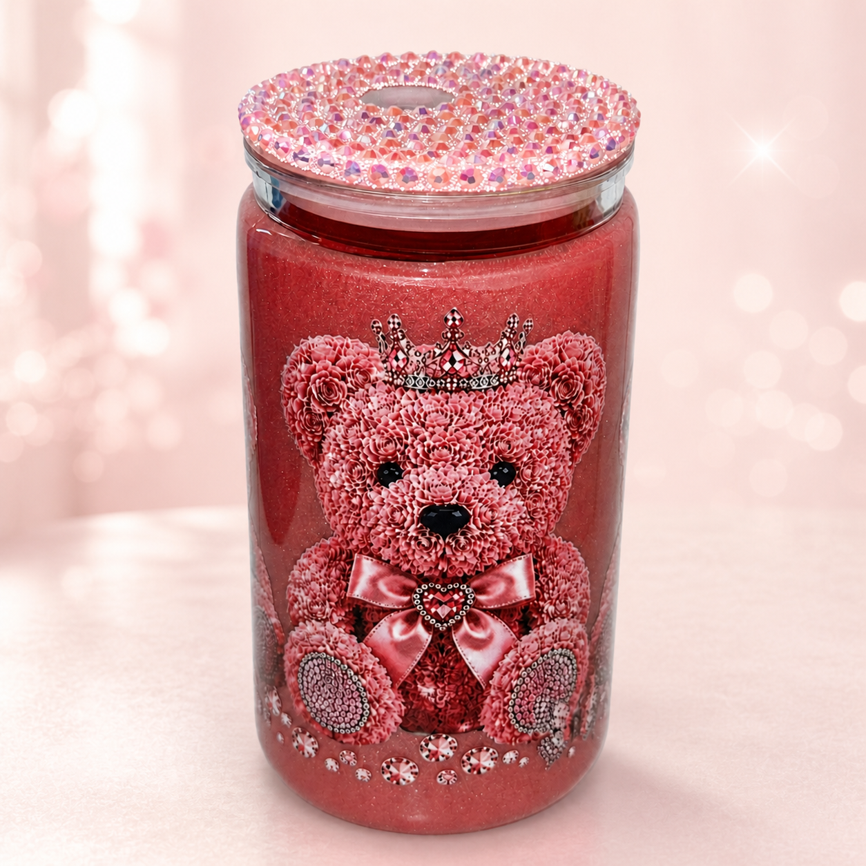 Rose glitter tumbler with crowned floral teddy bear and rhinestone lid